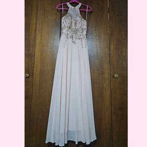 Betsy & Adam Long Pink Halter Dress Floral Embroidered Chiffron